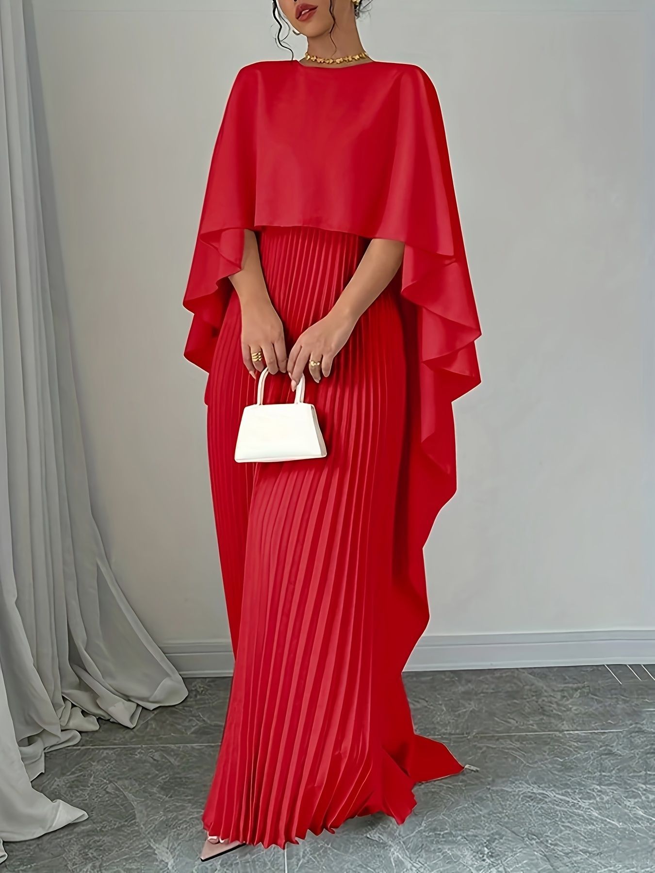 Women's Pleated Chiffon Maxi Dress with Cape Overlay