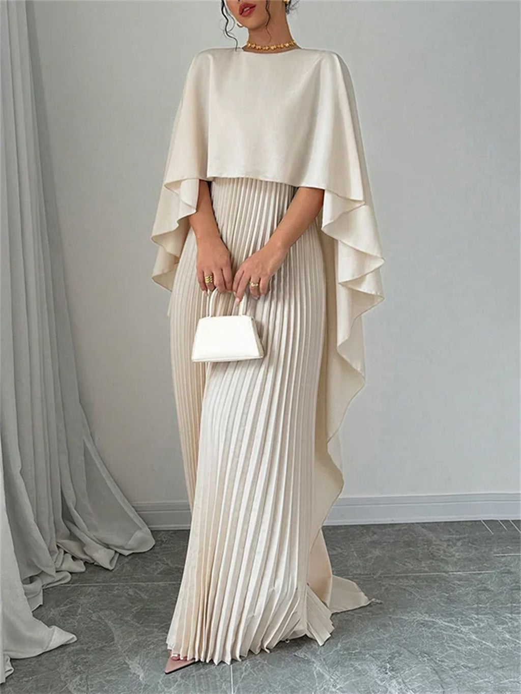 Women's Pleated Chiffon Maxi Dress with Cape Overlay