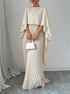Women's Pleated Chiffon Maxi Dress with Cape Overlay