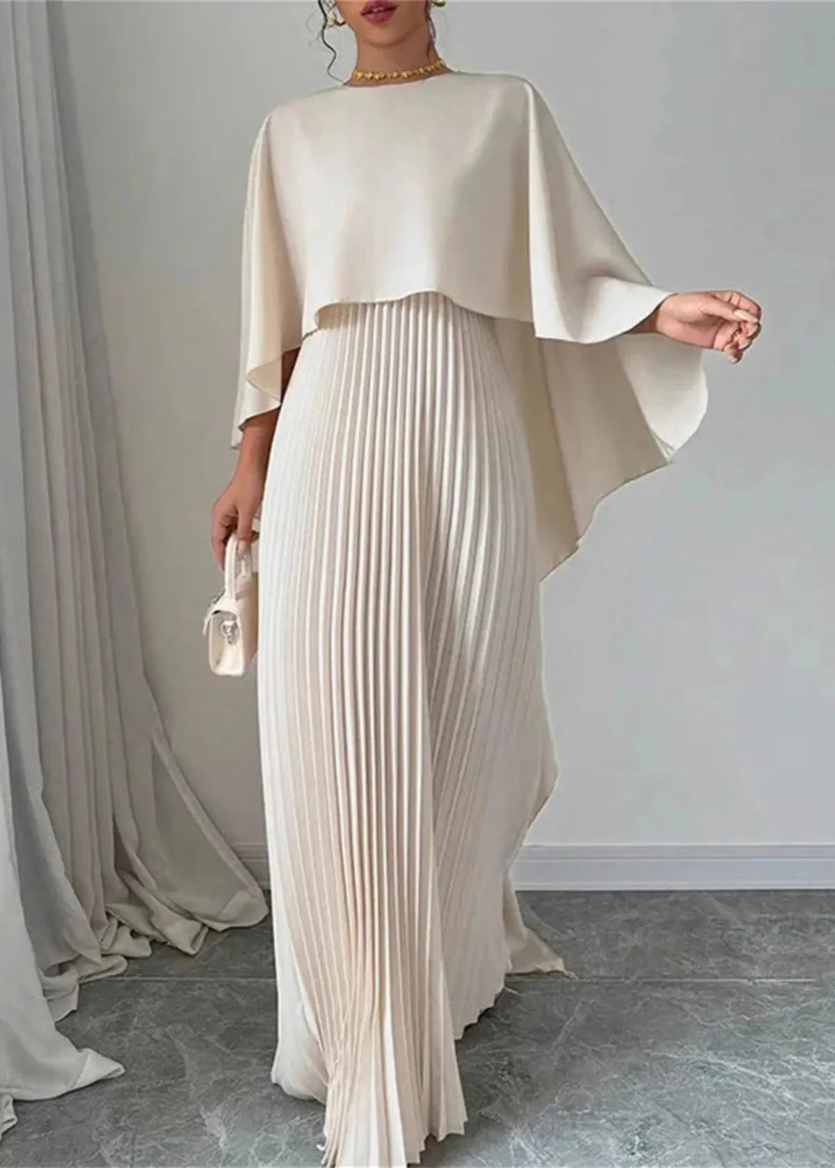 Women's Pleated Chiffon Maxi Dress with Cape Overlay