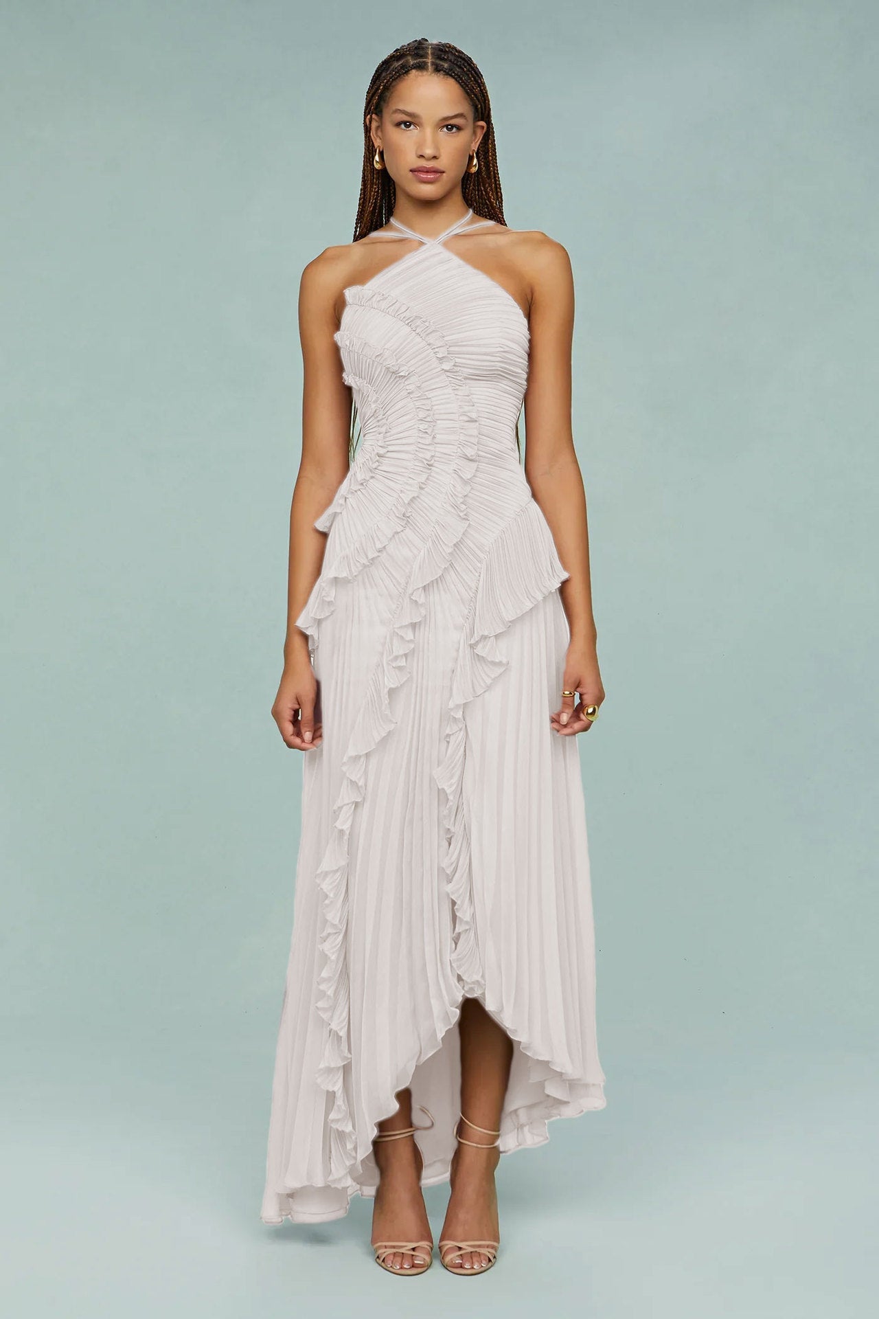 Women's Pleated Chiffon Maxi Dress with Ruffle Overlay