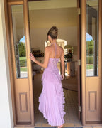 Women's Pleated Chiffon Maxi Dress with Ruffle Overlay