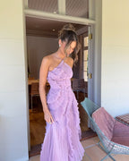 Women's Pleated Chiffon Maxi Dress with Ruffle Overlay