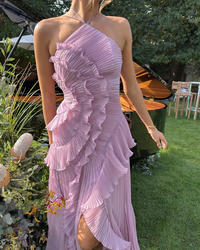 Women's Pleated Chiffon Maxi Dress with Ruffle Overlay