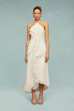 Women's Pleated Chiffon Maxi Dress with Ruffle Overlay