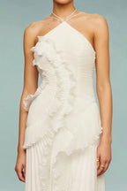Women's Pleated Chiffon Maxi Dress with Ruffle Overlay