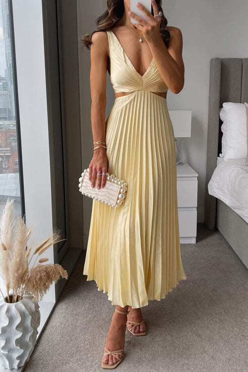 Women's Pleated V-Neck Midi Dress