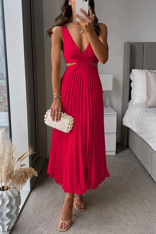 Women's Pleated V-Neck Midi Dress