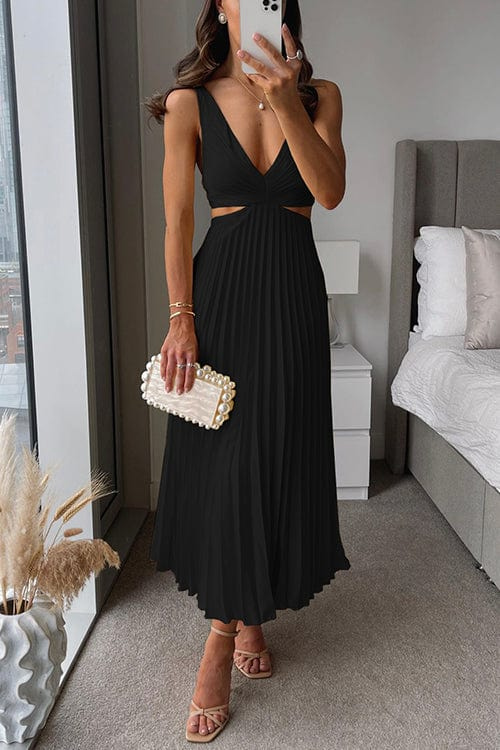 Women's Pleated V-Neck Midi Dress
