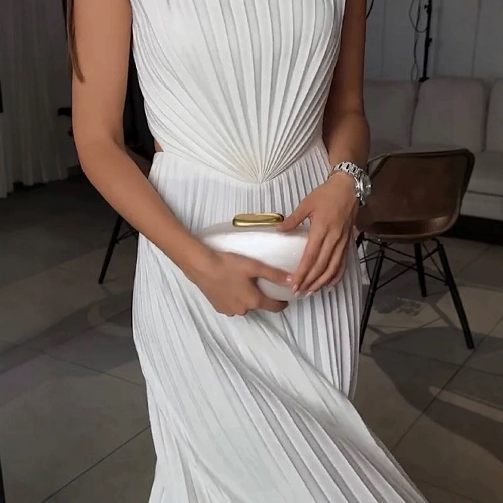 Women's Pleated Strapless Maxi Dress with High Slit