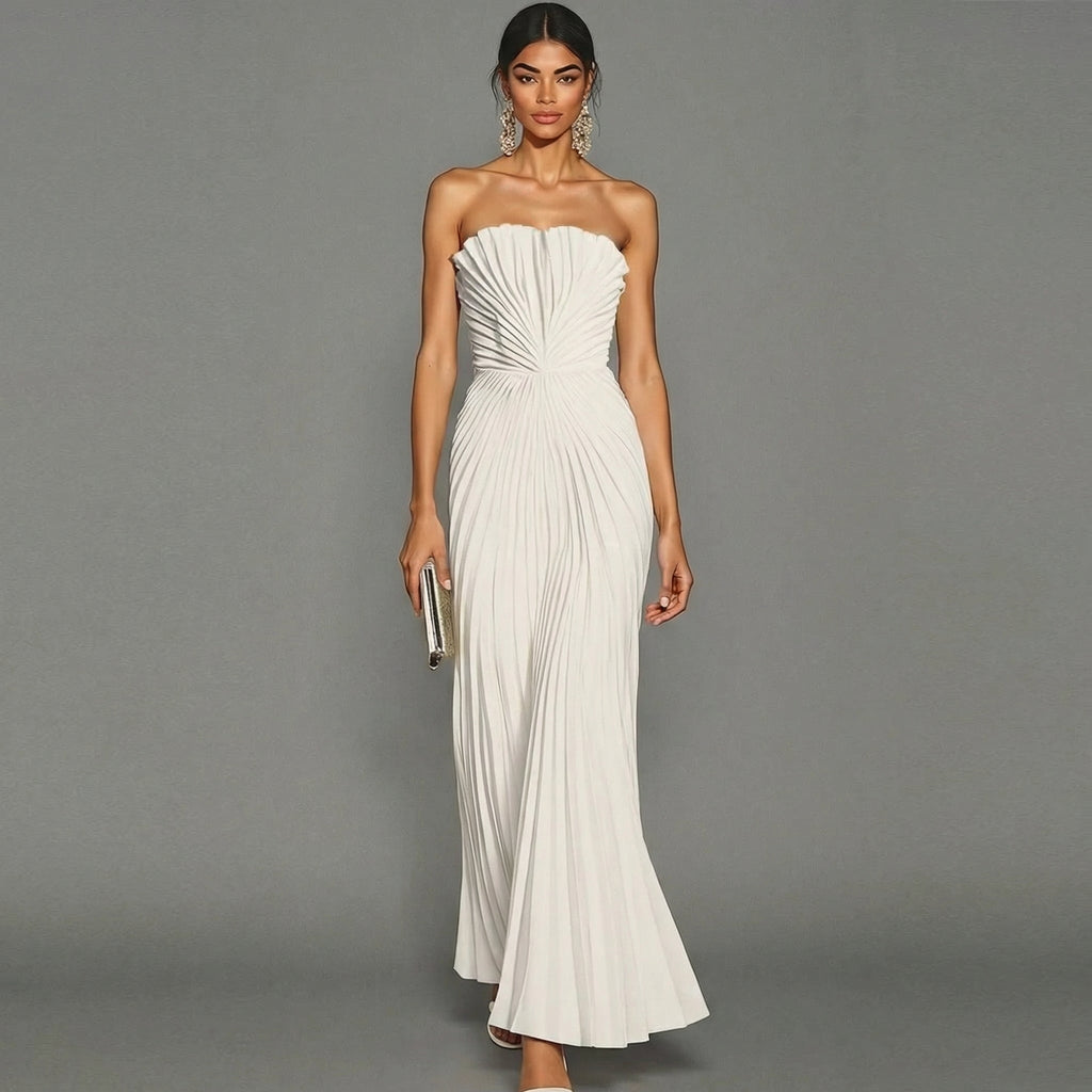 Women's Pleated Strapless Maxi Dress with High Slit