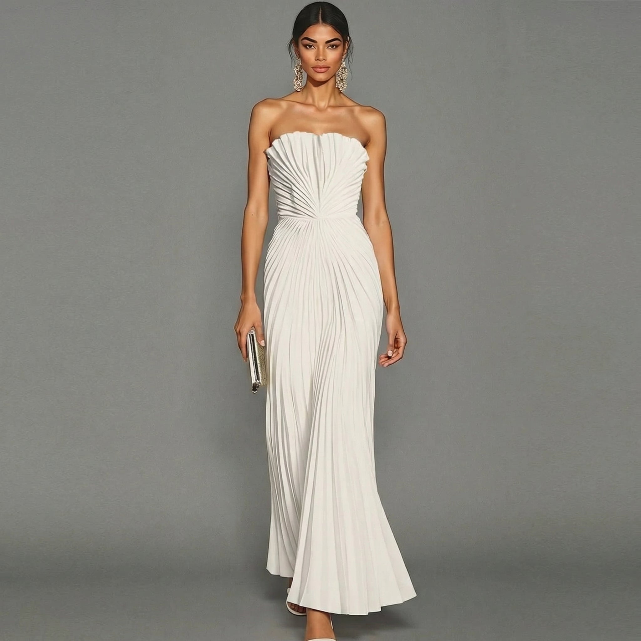 Women's Pleated Strapless Maxi Dress with High Slit
