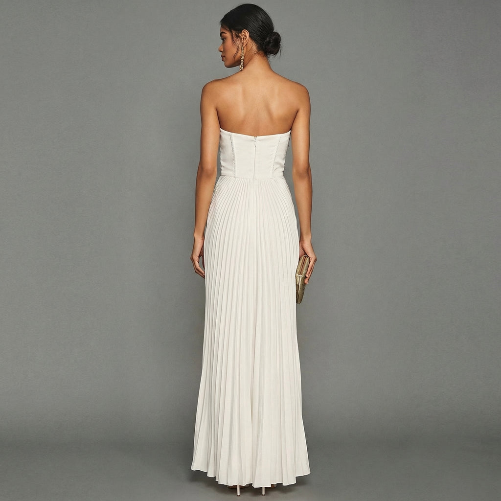 Women's Pleated Strapless Maxi Dress with High Slit