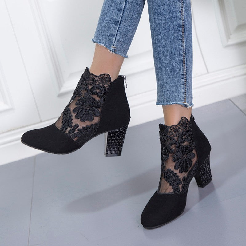 Women's White Pointed-Toe Ankle Boots with Lace Overlay