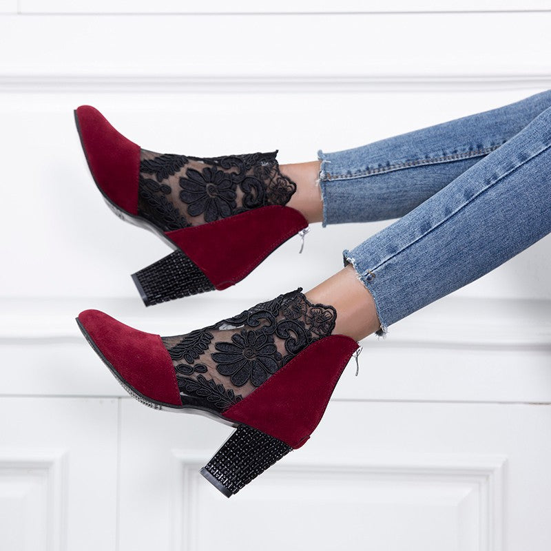 Women's White Pointed-Toe Ankle Boots with Lace Overlay