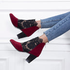 Women's White Pointed-Toe Ankle Boots with Lace Overlay