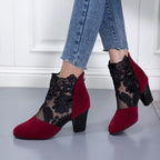 Women's White Pointed-Toe Ankle Boots with Lace Overlay