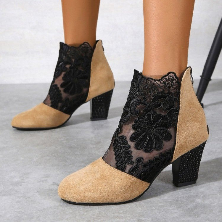 Women's White Pointed-Toe Ankle Boots with Lace Overlay