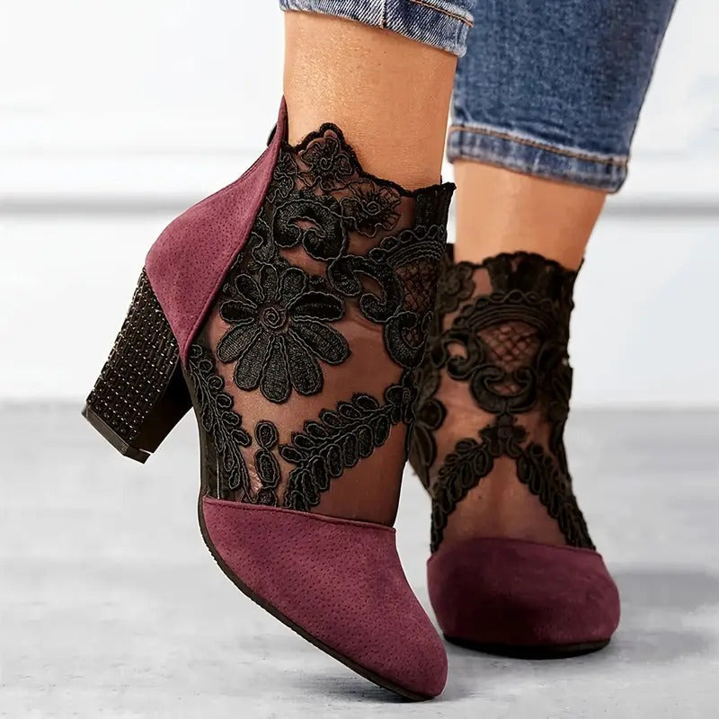 Women's White Pointed-Toe Ankle Boots with Lace Overlay