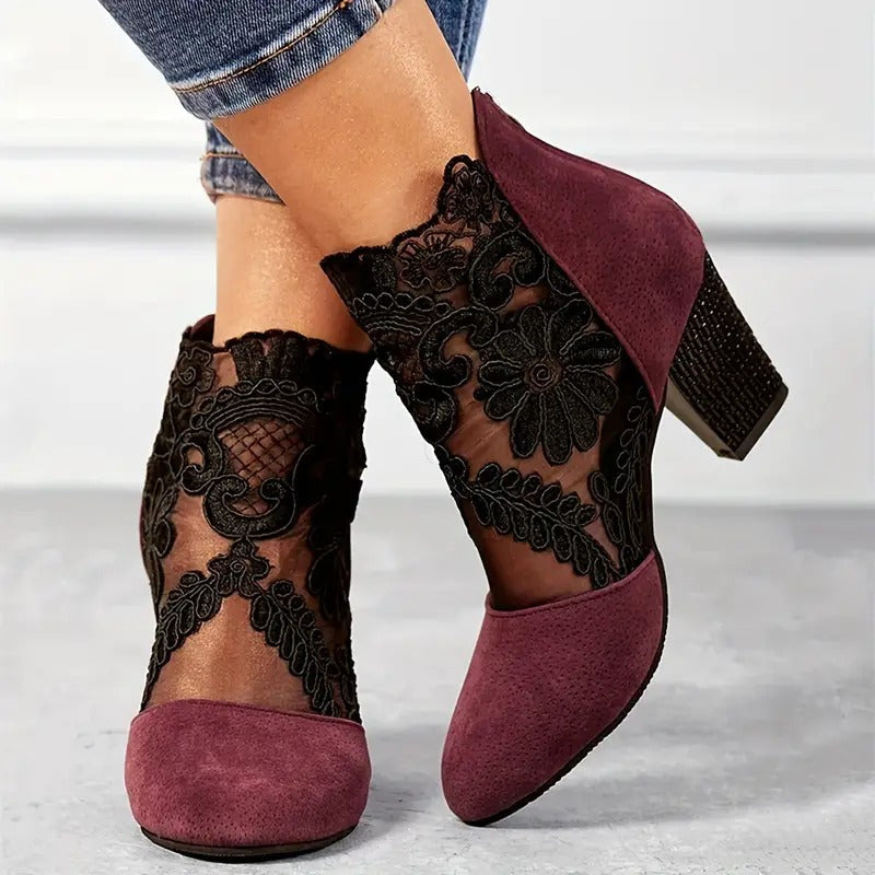 Women's White Pointed-Toe Ankle Boots with Lace Overlay
