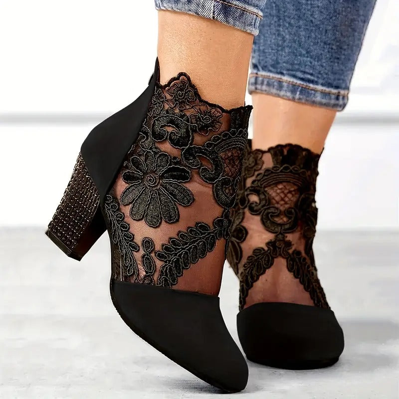 Women's White Pointed-Toe Ankle Boots with Lace Overlay