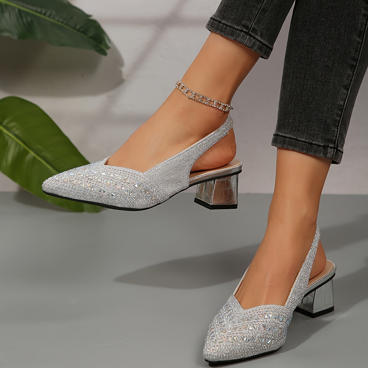 Women's Glitter Slingback Heels with Pointed Toe