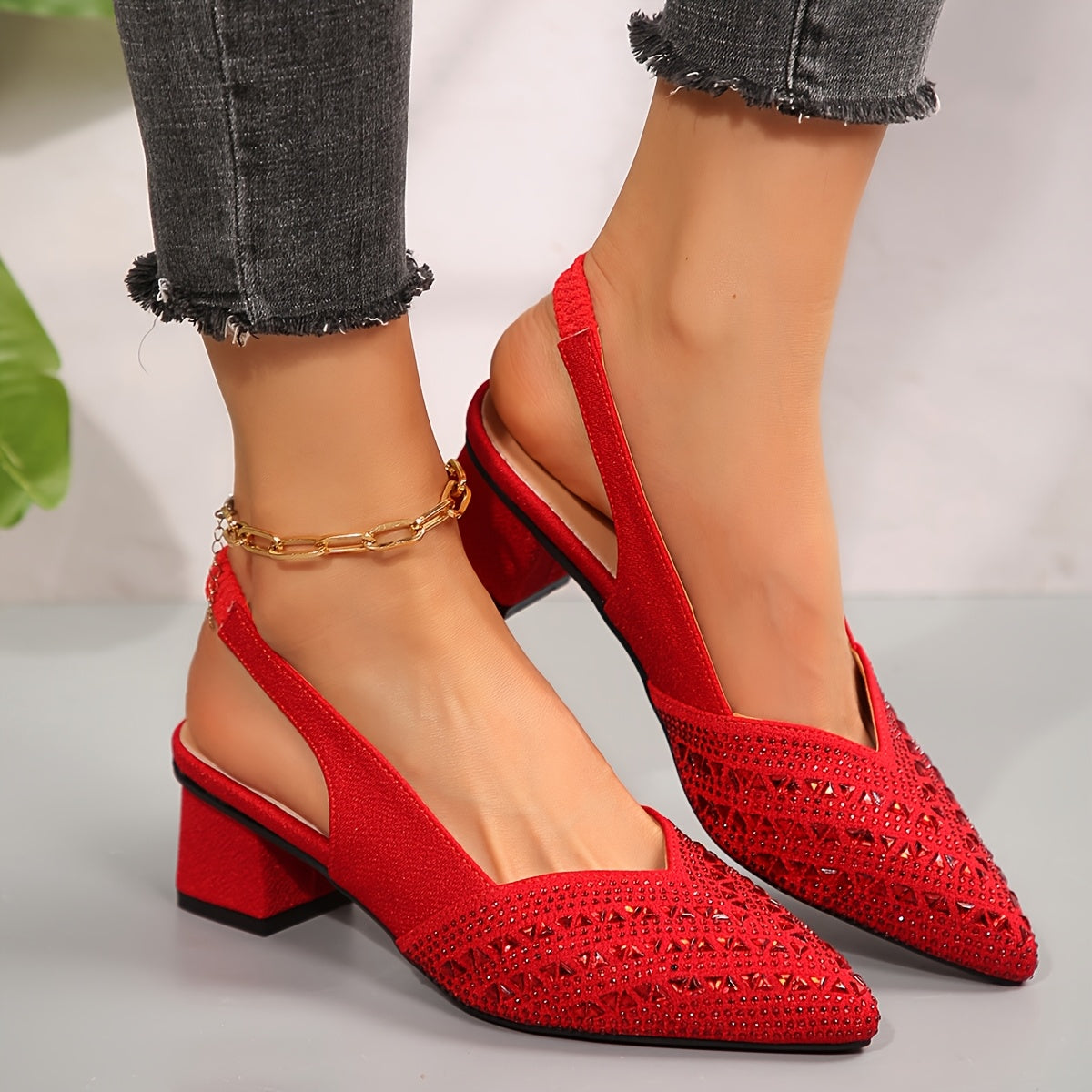 Women's Glitter Slingback Heels with Pointed Toe
