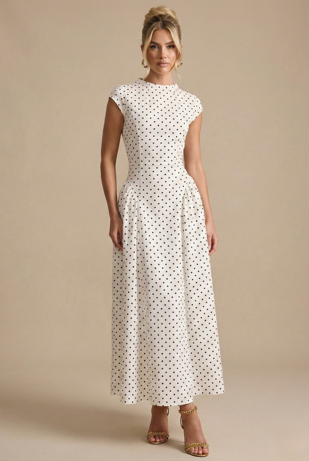 Women's Polka Dot A-Line Maxi Dress with Cap Sleeves