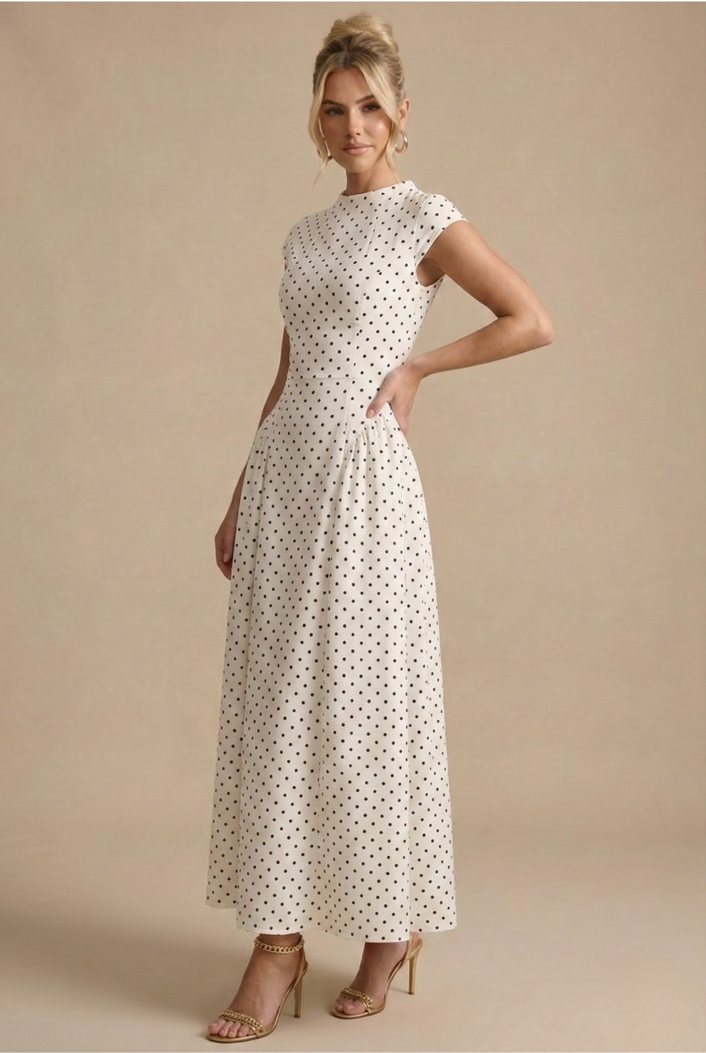 Women's Polka Dot A-Line Maxi Dress with Cap Sleeves