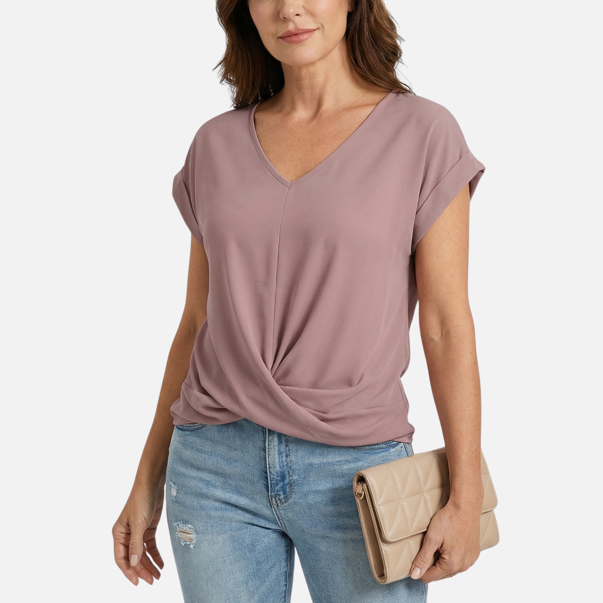 Women's Relaxed Knit Top with Twist-Front V-Neck