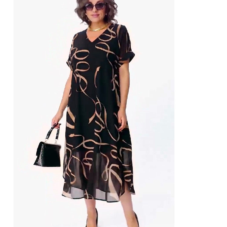 Women's Relaxed Chiffon Midi Dress with V-Neck