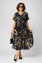 Women's Relaxed Chiffon Midi Dress with V-Neck