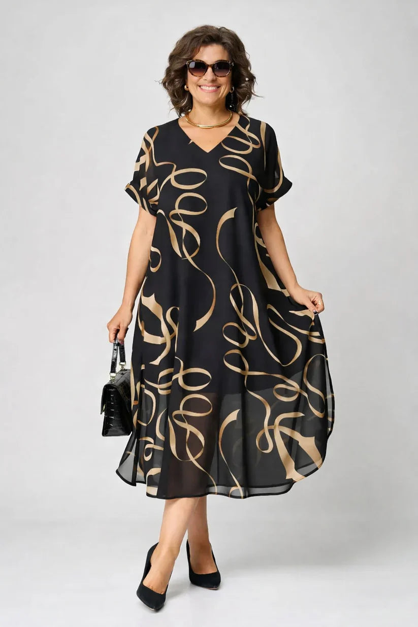 Women's Relaxed Chiffon Midi Dress with V-Neck