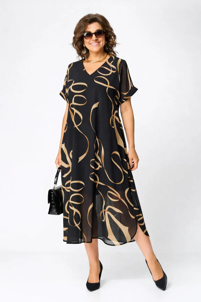 Women's Relaxed Chiffon Midi Dress with V-Neck