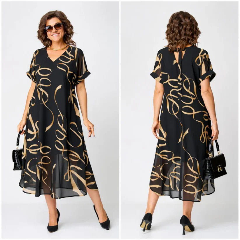 Women's Relaxed Chiffon Midi Dress with V-Neck