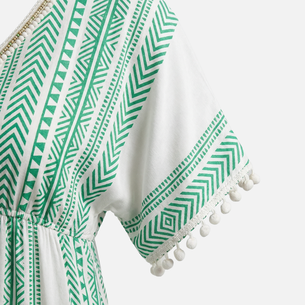 Women's Relaxed Cotton Mini Dress with Embroidered Geometric Trim