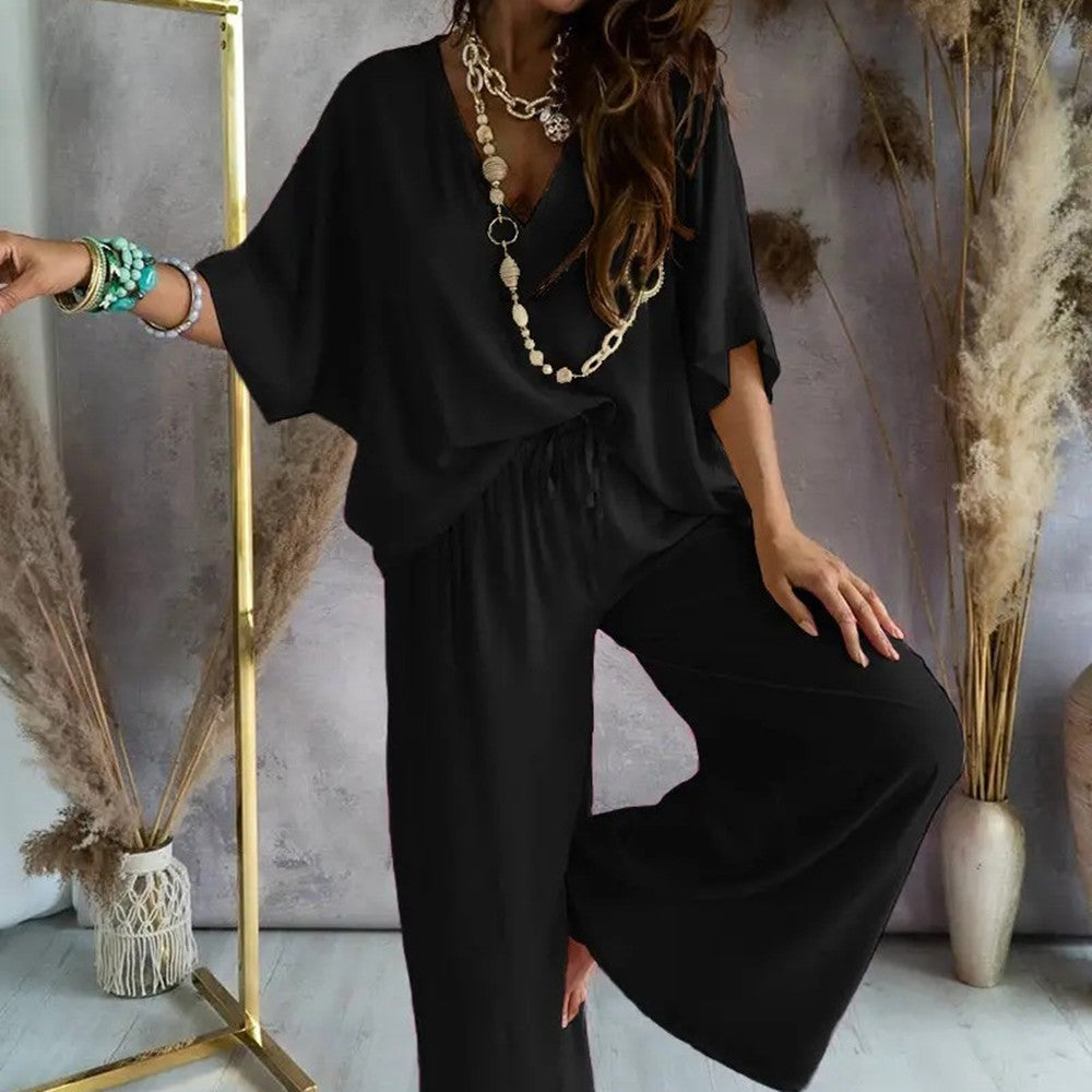 Women's Relaxed Jersey Loungewear Set with V-Neck