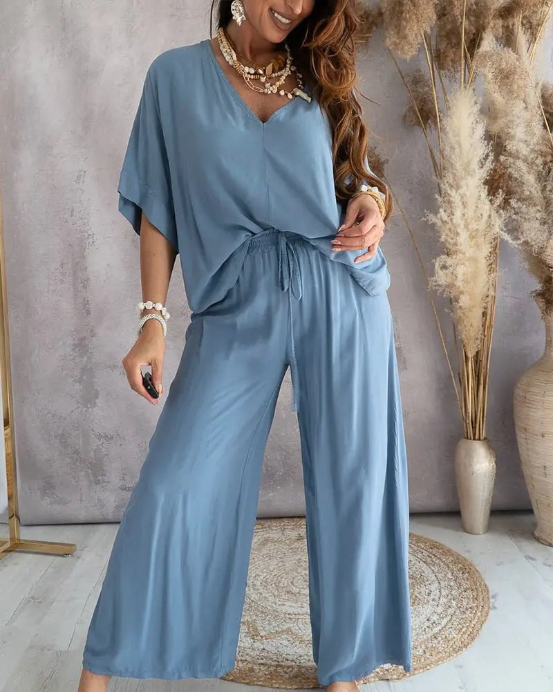 Women's Relaxed Jersey Loungewear Set with V-Neck
