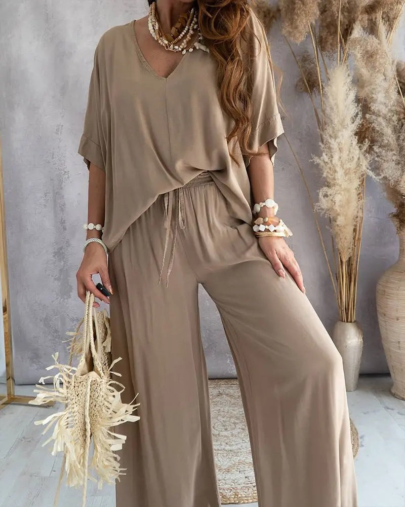 Women's Relaxed Jersey Loungewear Set with V-Neck