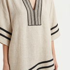 Women's Relaxed Linen Mini Beach Dress with V-Neck and Wide Sleeves