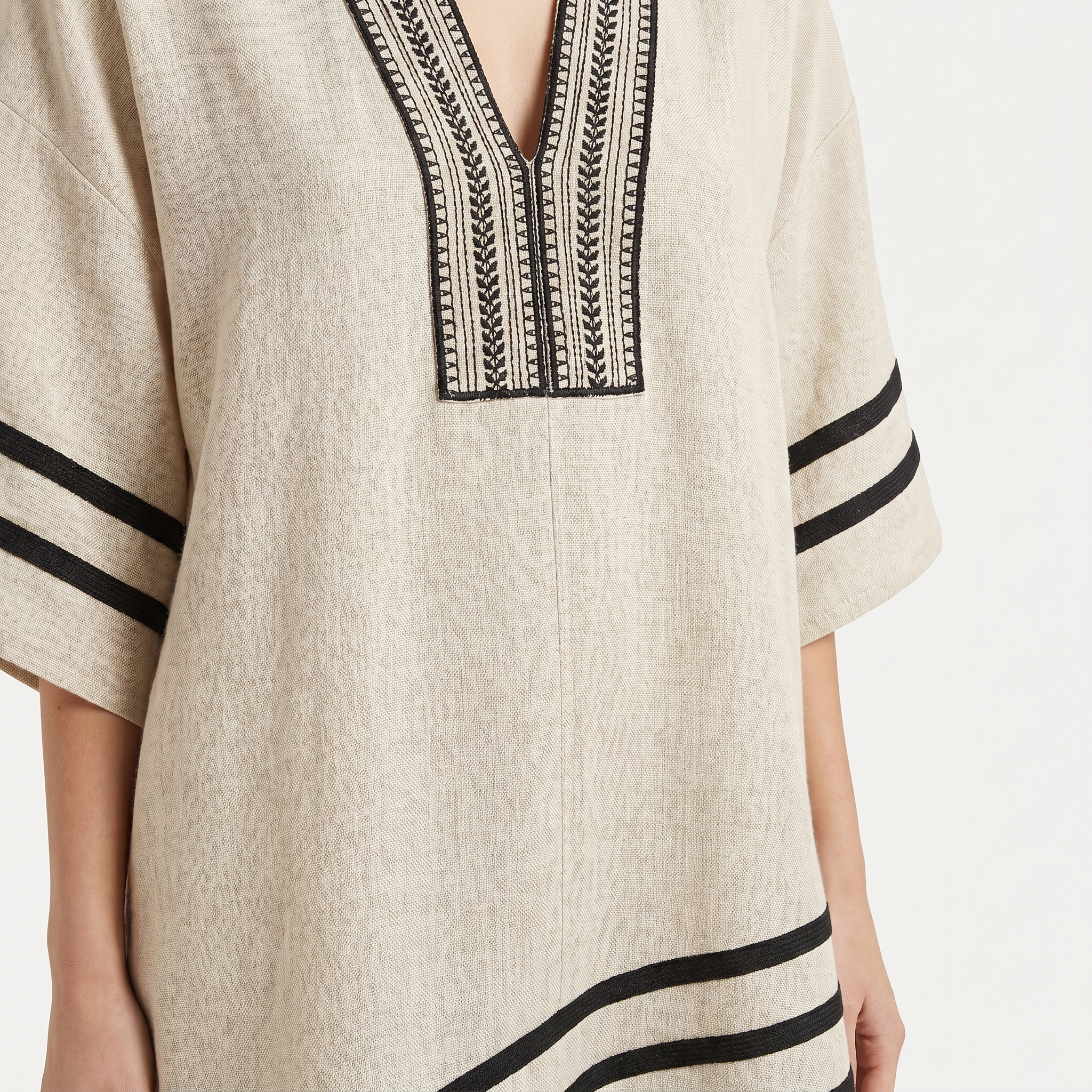 Women's Relaxed Linen Mini Beach Dress with V-Neck and Wide Sleeves