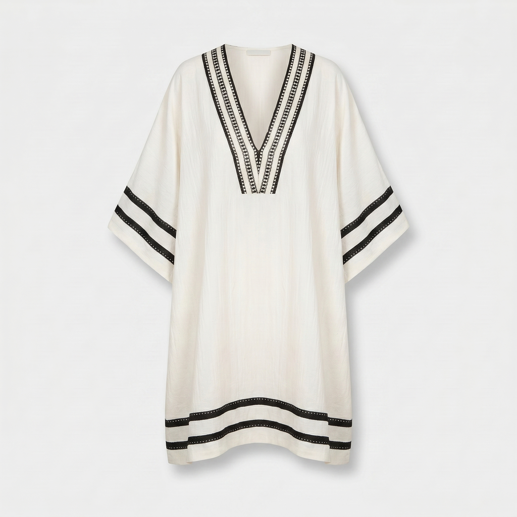 Women's Relaxed Linen Mini Beach Dress with V-Neck and Wide Sleeves