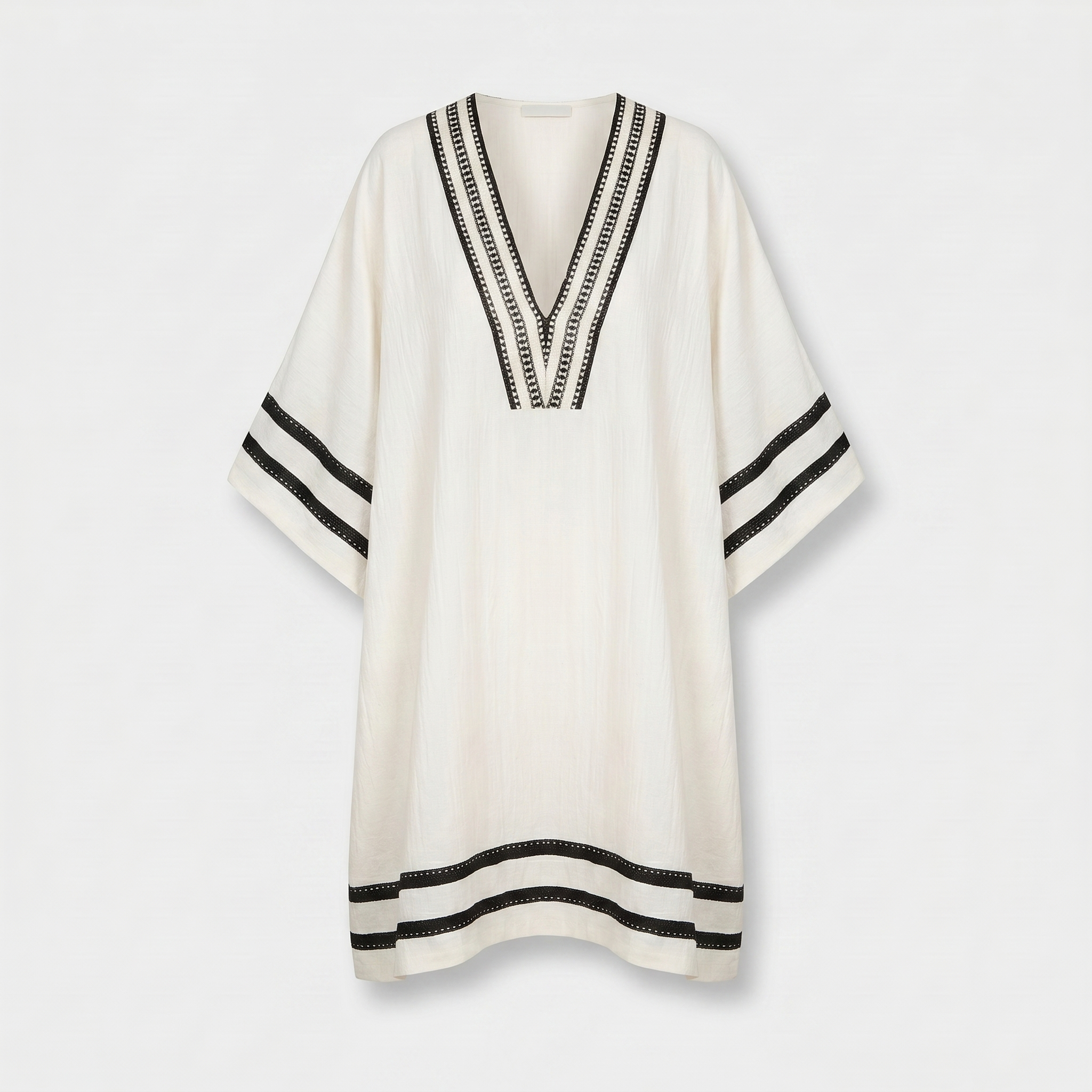 Women's Relaxed Linen Mini Beach Dress with V-Neck and Wide Sleeves