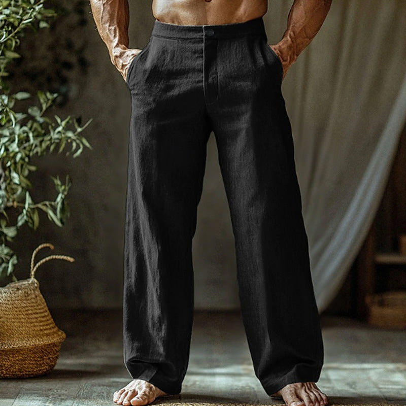 Men's Relaxed-Fit Linen Straight-Leg Pants with Side Pockets