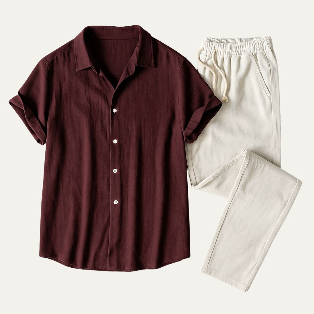 Men's Relaxed Linen Set with Drawstring Waist Trousers