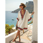Women's Relaxed Linen Mini Beach Dress with V-Neck and Wide Sleeves