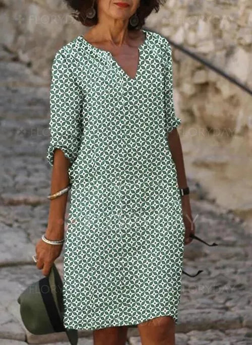 Women's Relaxed Midi Dress with Geometric V-Neck