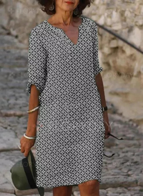 Women's Relaxed Midi Dress with Geometric V-Neck