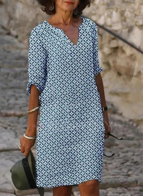 Women's Relaxed Midi Dress with Geometric V-Neck