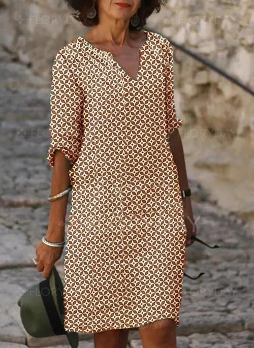 Women's Relaxed Midi Dress with Geometric V-Neck